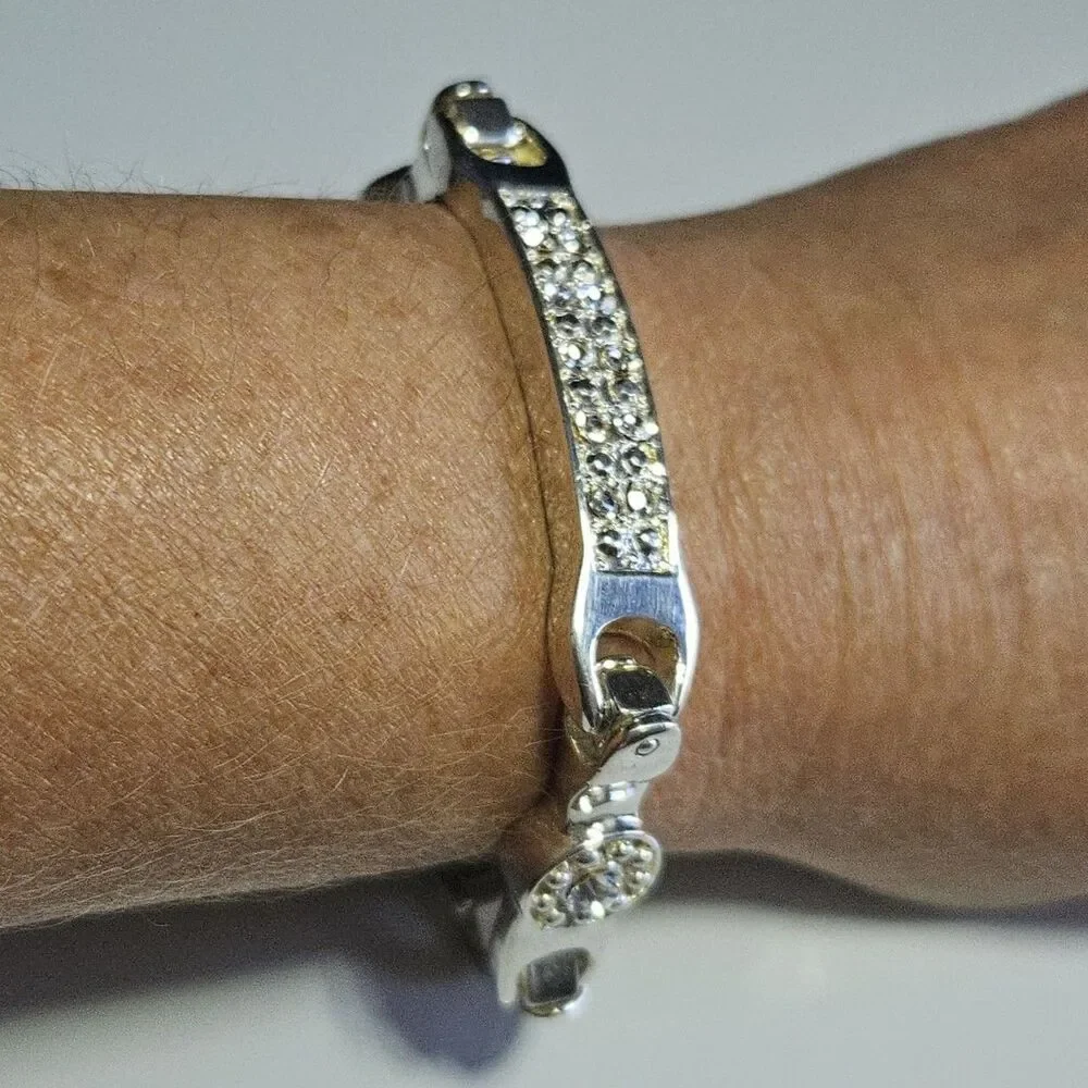 Vintage Silver Plated Clear Rhinestone Chunky Bracelet 8.25